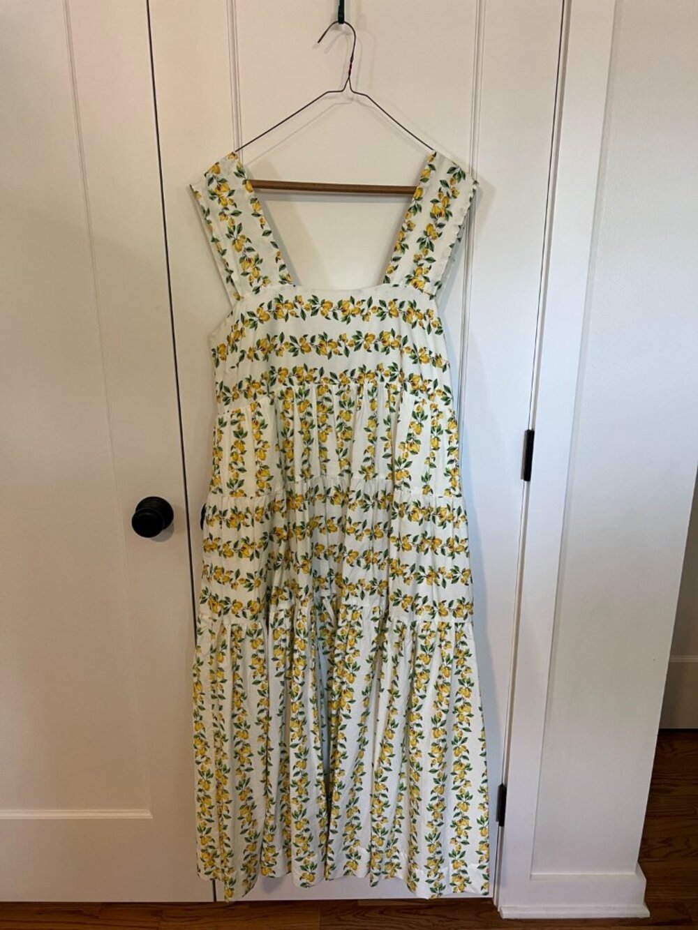 Anthropologie Lemon Print Tiered Maxi Dress Size L Smocked Back